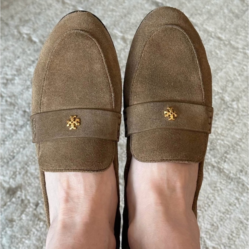 Tory Burch Brown Suede Loafers with Gold Accent